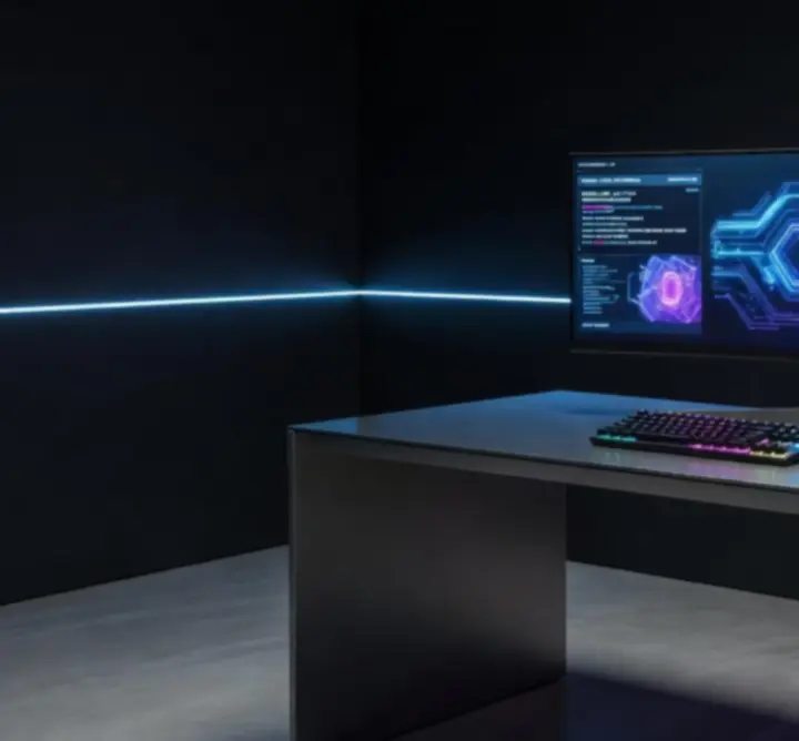Nowoczesne stanowisko gamingowe z neonowym podświetleniem